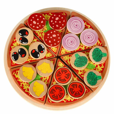 Set pizza cu ingrediente velcro, farfurie si accesorii - jucarie Montessori pentru copii, lemn
